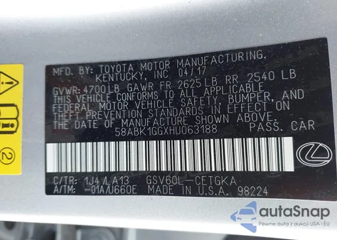 2017 Lexus Es 350 из США, поврежденный, VIN 58ABK1GGXHU063188